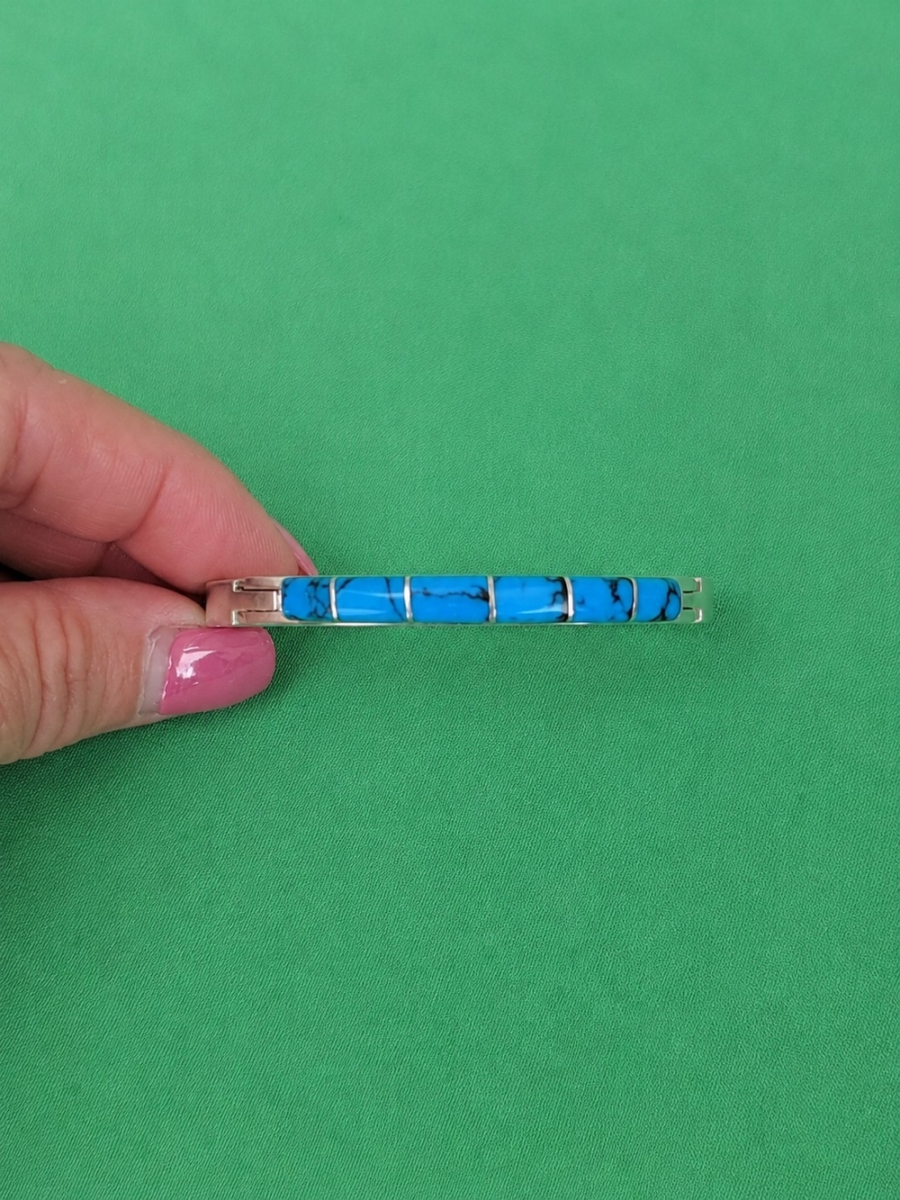 Vintage BJS John 925 Sterling Silver Turquoise Inlay Hinged Bangle Bracelet - Picture 3 of 10